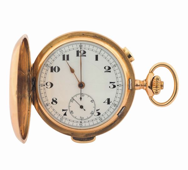 Anonymous, large, hunting-cased, keyless, minute-repeating, 18K yellow  gold pocket watch with chronograph. Made circa 1900
