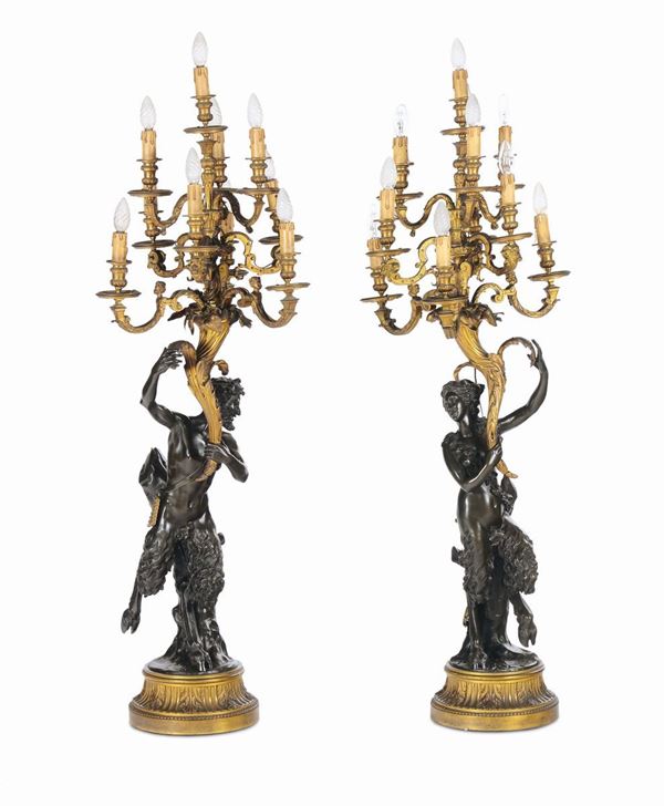 Coppia di grandi candelabri in bronzo dorato e brunito, XIX secolo
