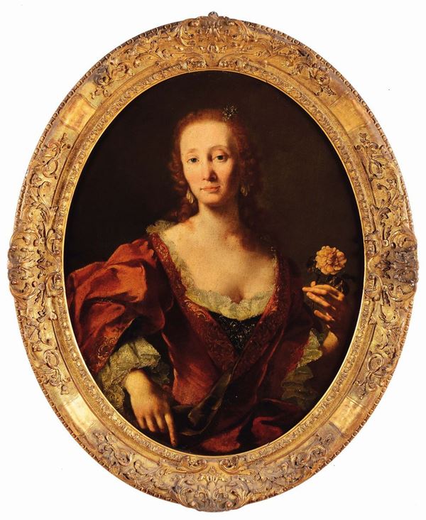 Scuola del nord Italia del XVIII secolo Ritratto ovale di donna con un fiore
