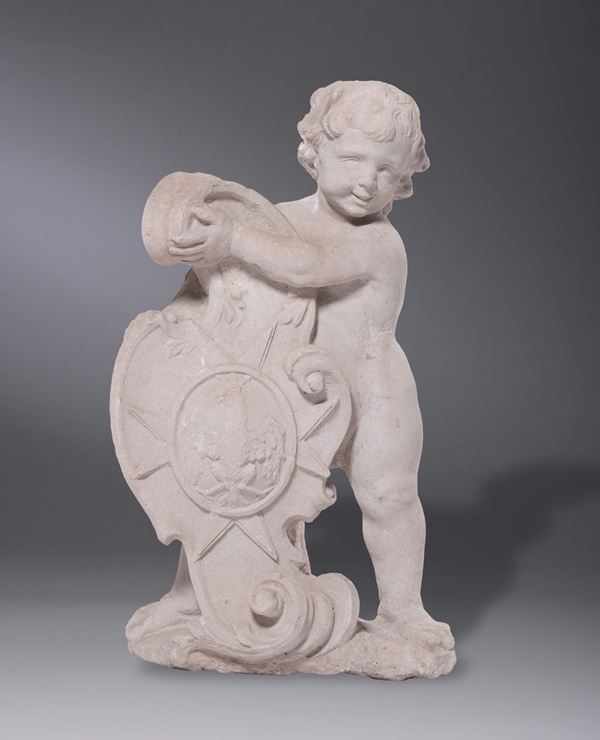 A stone sculpture with a little angel holding a crest, 17th century Venetian art.