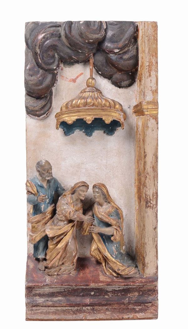 A group of golden, wooden polychrome sculptures with the Visitation. Sculptor active in northern Italy between the 16th and the 17th century.