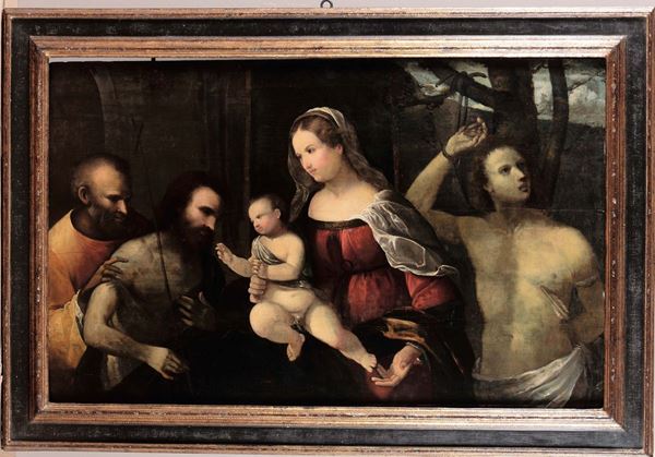 Giovanni Busi detto il Cariani (Fuipano al Brembo 1485 - Venezia 1547), cerchia di Madonna con Bambino, San Giuseppe, San Giovanni e San Sebastiano