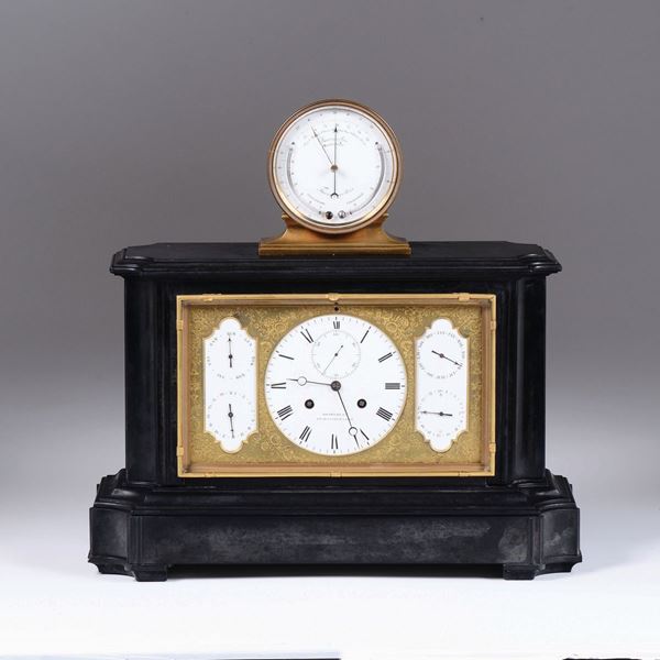 Orologio da tavolo Luigi Filippo con calendario, barometro e termometro, Bourdin a Paris, fine XIX secolo