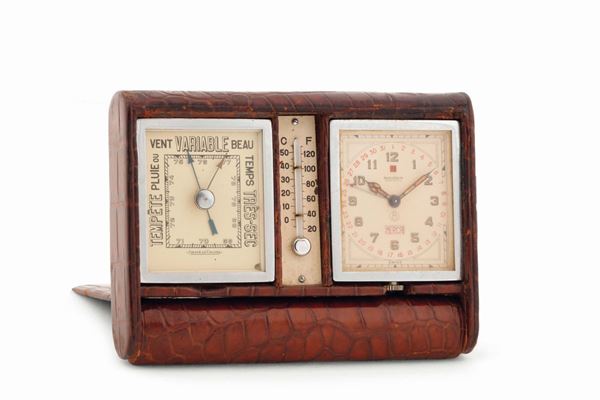 JAEGER- LeCOULTRE, Crocodile Desk  Barometre, Patent No. 365.884, raro orologio da tavolo in acciaio con sveglia, termometro e barometro e giorno della settimana. Realizzato circa nel 1940
