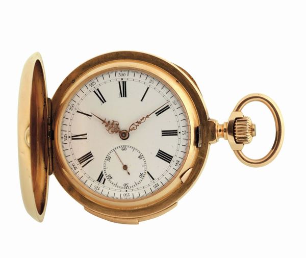 ANONYMOUS, 18K yellow gold keyless pocket watch with minute repeating, case No. 90946.  Made circa 1900