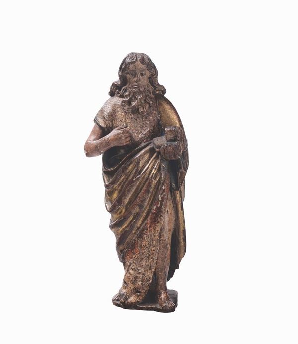 A wooden golden and polychrome sculpture with St. John the Baptist, 16th-17th century Lombard sculptor