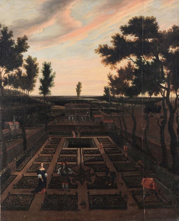 Melchior Hamers (Antwerp 1638-1710) Paesaggio con figure intenti alla cura di un giardino
