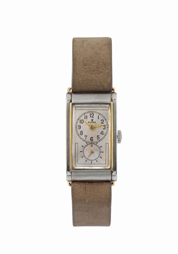 ROLEX, Prince Classic case No. 012996, Ref. 1862, rectangular curved, steel and gold wristwatch. Made circa 1930