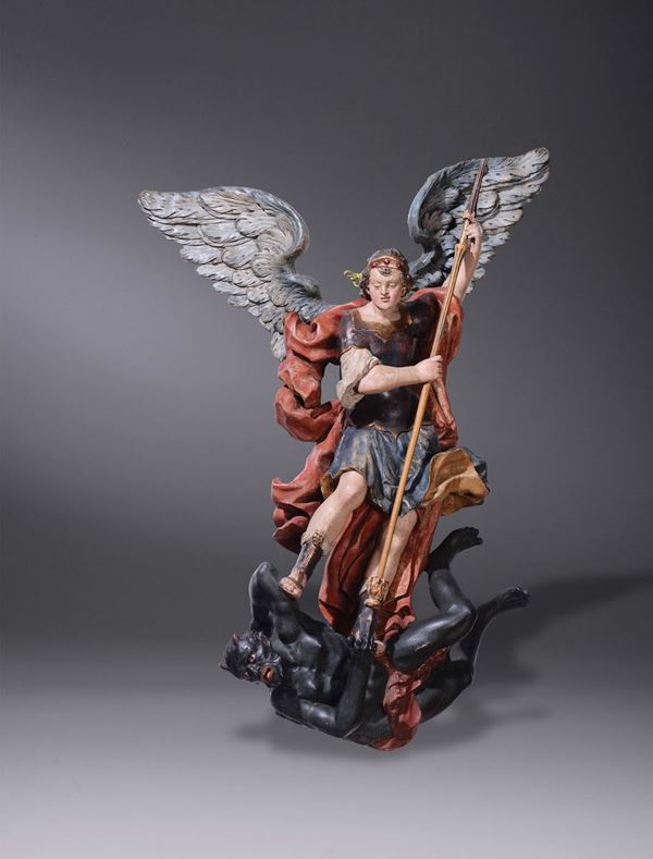 A wooden polychrome sculpture with St. Michael the Archangel, 18th century Bavarian or Austrian sculptor,  [..]