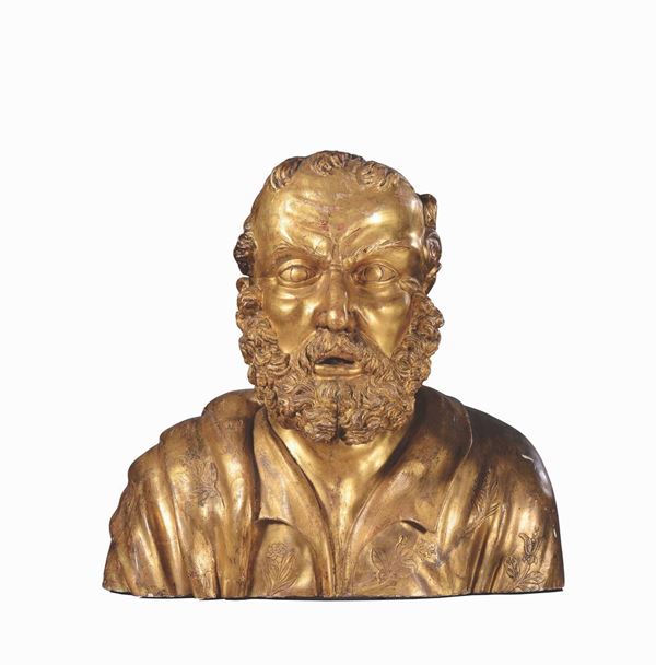 A golden, wooden male bust, sculptor active in northern Italy in the 17th century.
