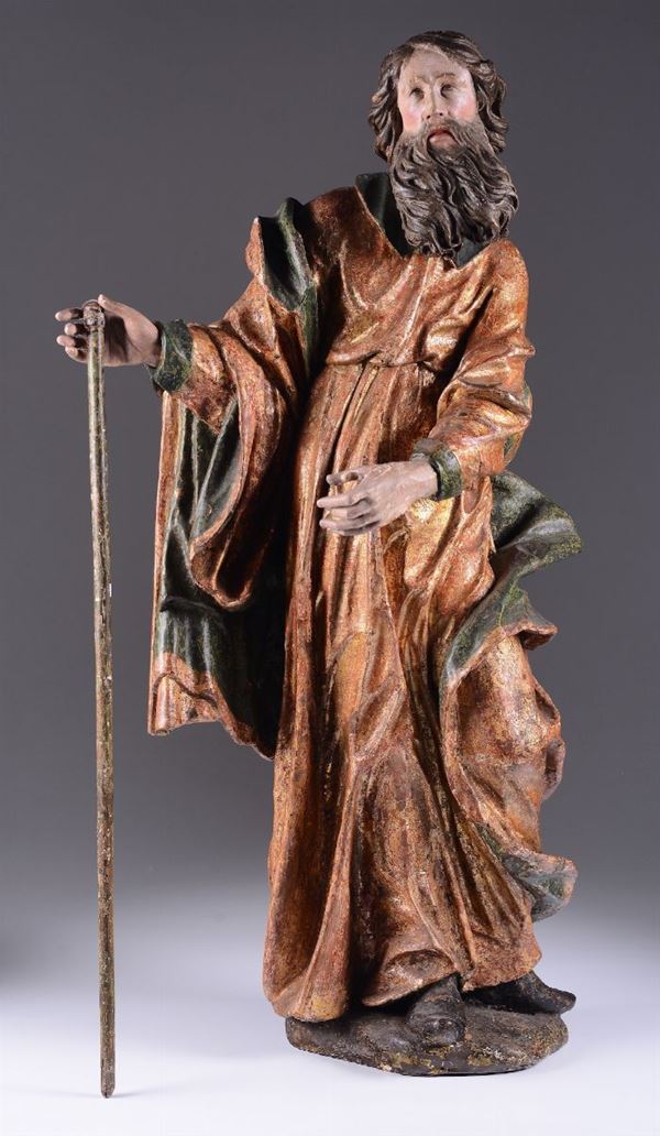 A golden, wooden polychrome sculpture with St. Joseph or a Wise man, 17th century Austrian or Tyrolese sculptor, height cm 97.