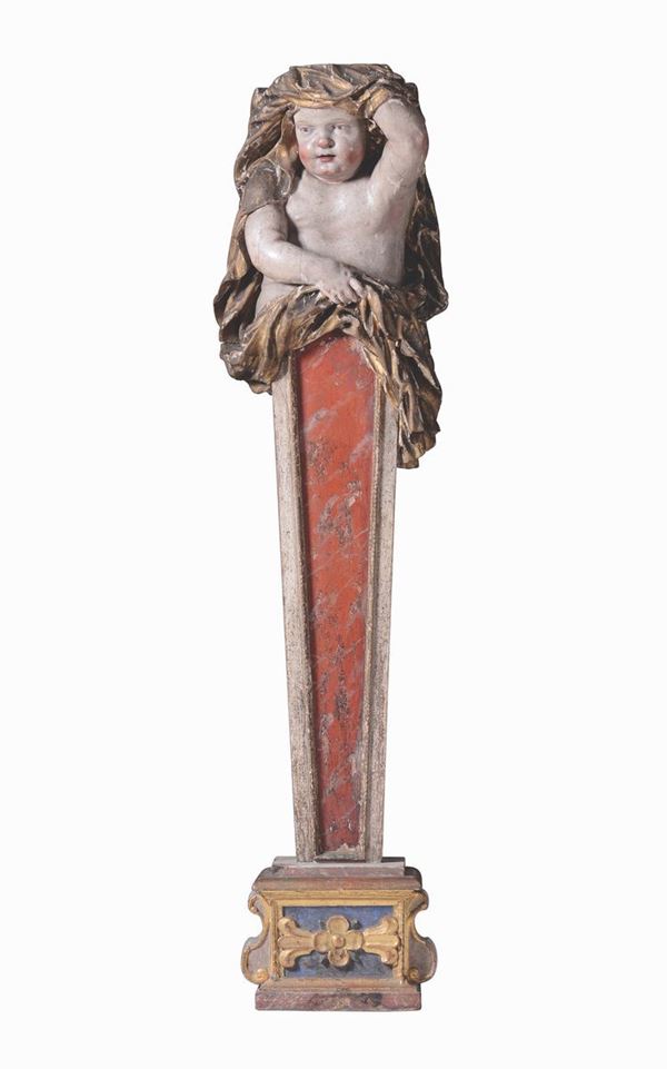 A golden, wooden polychrome sculpture with an erma with a little angel on the top, 17th century Bavarian or Austrian workers, height cm 160.