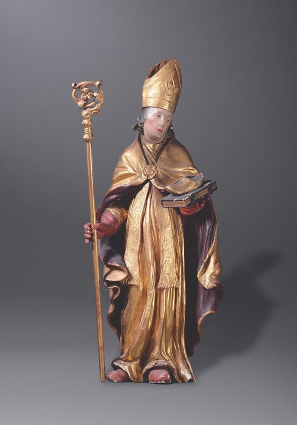 A golden, wooden polychrome sculpture with St. Vigil, 17th century workshop from Trentino, height cm 107.