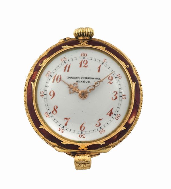 PATEK PHILIPPE, Geneve, movimento  No.104131, cassa No.215018, orologio pendente in oro con brillanti e smalto raffigurante fiori. Realizzato circa nel 1890.