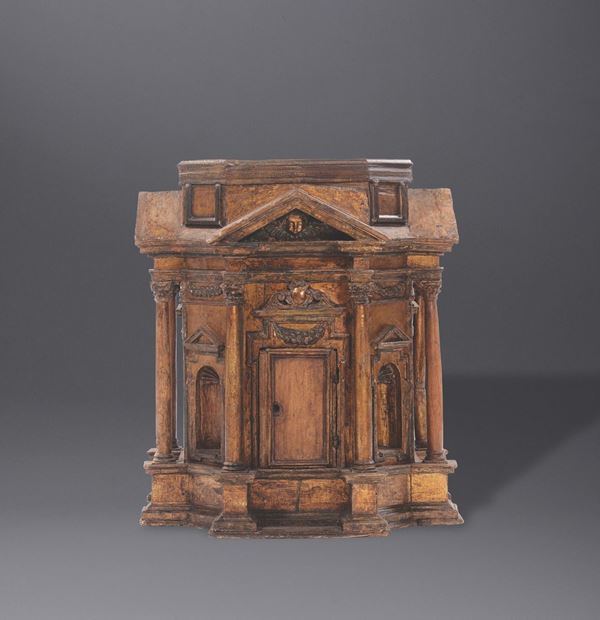 A golden and painted wooden architectonic piece, central Italy, 18th century