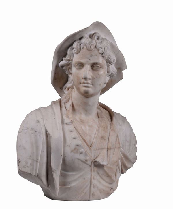 A young farmer, white marble bust, 17th century baroque sculptor active in Veneto
