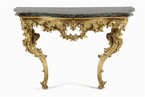 Console a goccia Luigi XV con specchiera in legno intagliato e dorato, Torino XVIII secolo