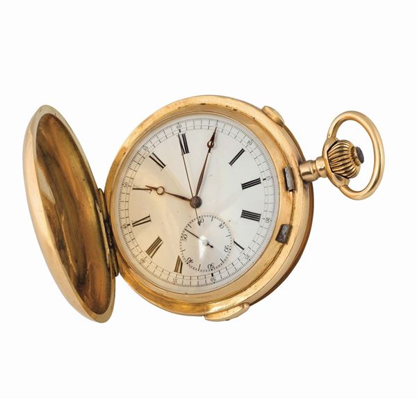 TEMPORA, cassa No. 37407, orologio da tasca in oro giallo 18K con ripetizione dei quarti e cronografo. Realizzato circa nel 1920