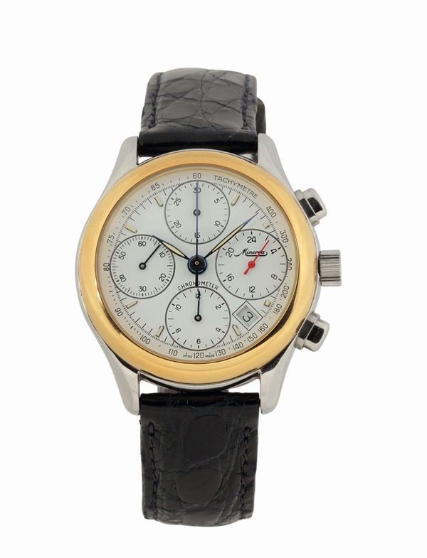 MINERVA, Official Chronometer,Ref. B241, orologio da polso, impermeabile,  cronografo, in acciaio e oro,  automatico, GMT.  Realizzato nel 1990.