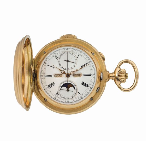 LE PHARE, Boutte,orologio da tasca in oro giallo 14K TRIPLO CALENDARIO,RIPETIZIONE DEI MINUTI, FASI LUNARI E CRONOGRAFO. Realizzato per il mercato russo, circa nel 1910.