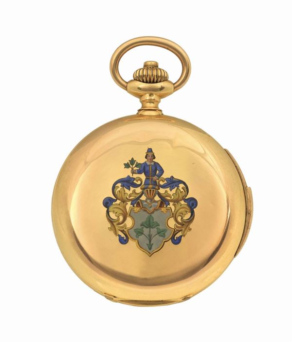 Anonimo, orologio da tasca, in oro giallo 18K, con smalti e ripetizione dei minuti. Realizzato nel 1900 circa