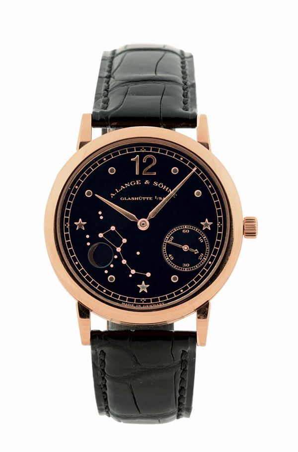 A.Lange & Söhne, Glashütte i/SA - EMIL LANGE – 1815 MOON PHASE - No. 156/250, case No. 124156, very fine and rare, astronomic, water-resistant, 18K pink gold wristwatch with moon phases and an 18K pink gold Lange buckle.