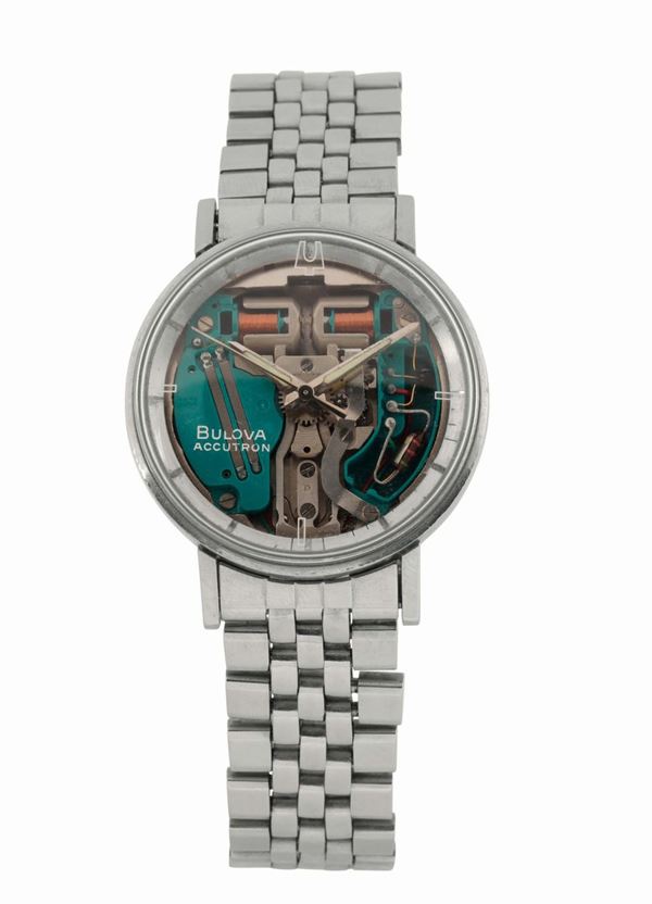 BULOVA, ACCUTRON, M7, orologio da polso, in acciaio, con movimento a vista, elettronico. Realizzato nel 1967. Accompagnato dalla scatola originale.