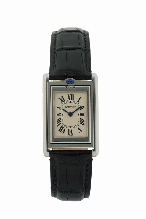 CARTIER, Ref. 2405, unusual, rectangular, stainless steel quartz wristwatch with cabriolet system and a stainless steel Cartier deployant clasp. Made circa 2000's