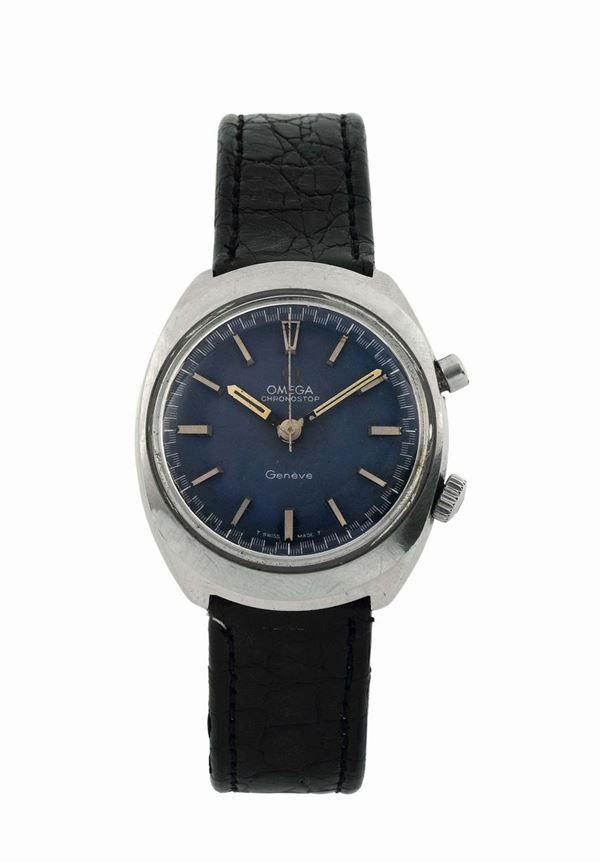 OMEGA, CHRONOSTOP, Geneve, Ref. 145009, stainless steel, water resistant, tonneau-shaped wristwatch. Made circa 1968