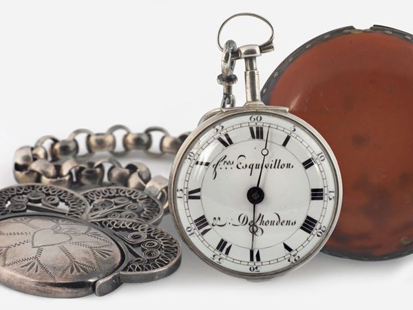 Fres Esquivillon & Dechoudens, silver and horn open face triple case verge pocket  watch with chain. Made circa 1790