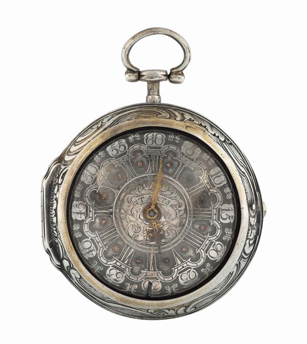 TARTS, London, orologio da tasca in argento con incisioni raffiguranti Diogene e Alessandro. Realizzato nel 1700 circa