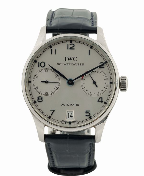 IWC, Portuguese, 7 Days Power Reserve, Automatic, case No. 3232244. Made circa 2006. Fine, large, self-winding, water-resistant, stainless steel wristwatch with date, 7-day power reserve and a stainless steel IWC deployant clasp.
