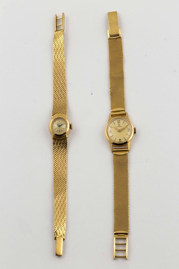 Coppia di orologi in oro giallo 18K, Omega e Longines, da donna, a carica manuale. Realizzati intorno al 1960