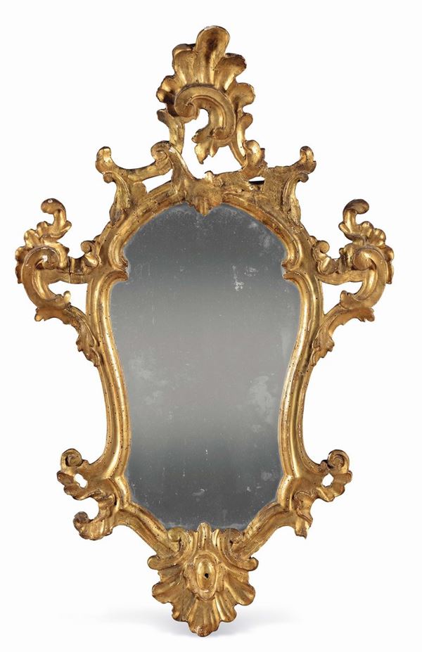 Coppia di specchiere a ventola in legno intagliato dorato, Genova XVIII secolo