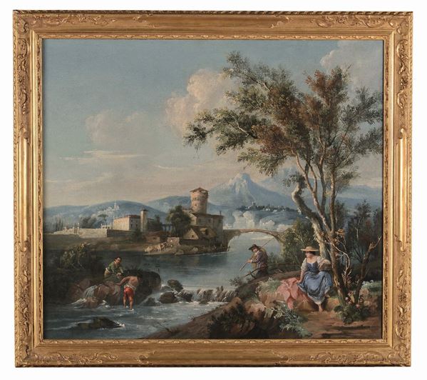 Francesco Zuccarelli (Pitigliano 1702 - Firenze 1788) Paesaggio con figure lungo un fiume