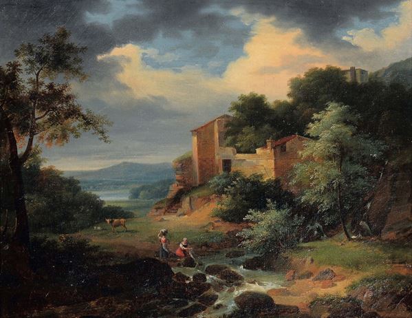 Achille Etna Michallon (Parigi 1796 - 1822) Paesaggio con figure e architeture