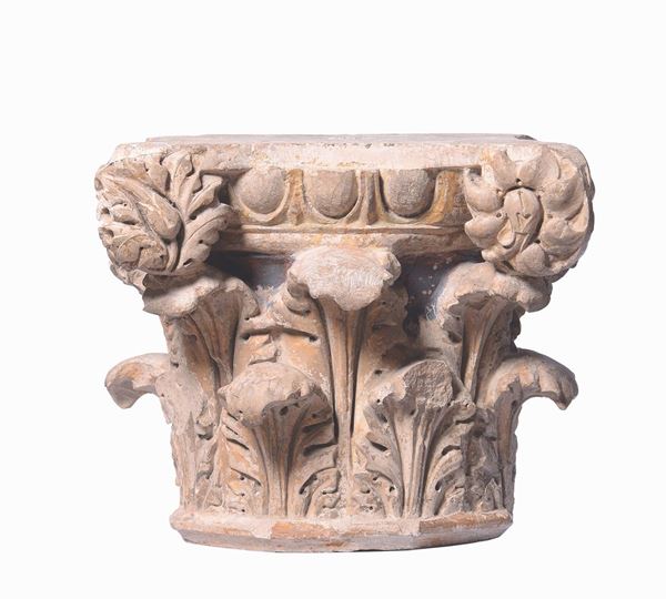 A pair of stone capitals with traces of polychromy. Central Italy, 16th century