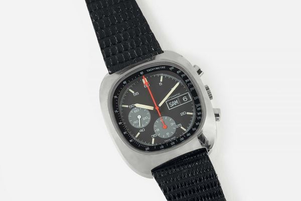 ANONIMO, orologio da polso, cronografo, impermeabile, automatico, in acciaio con giorno e data. Realizzato nel 1980 circa
