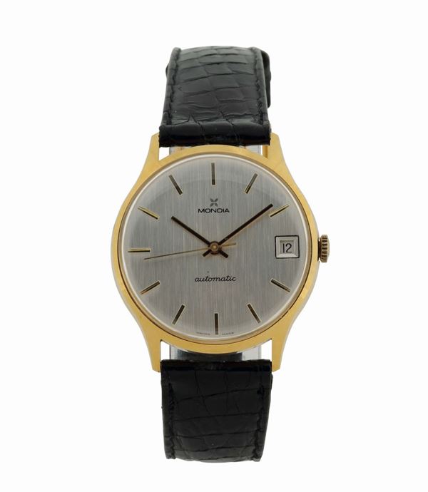 MONDIA, orologio da polso, automatico, impermeabile, in oro giallo 18K con datario. Realizzato nel 1970 circa