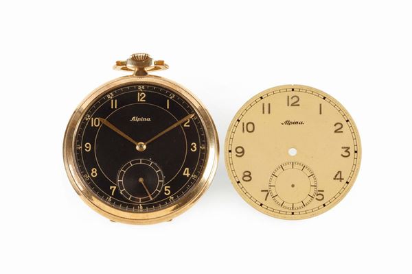 ALPINA, 9K yellow gold, keyless, open face pocket watch. Made circa 1960. Accompanied by an additional original dial.