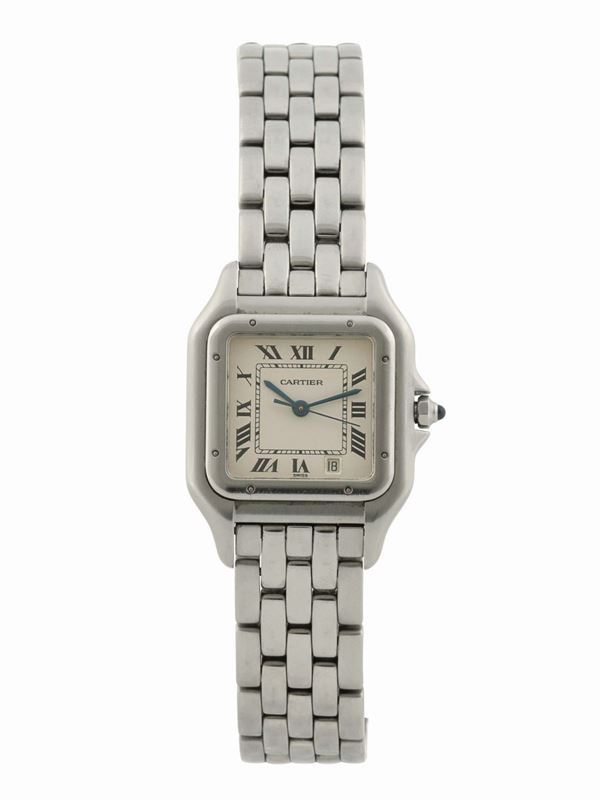 CARTIER, Santos, orologio da polso, in acciaio, al qaurzo, impermeabile, con data e  bracciale originale e chiusura deployante. Realizzato nel 1990 circa