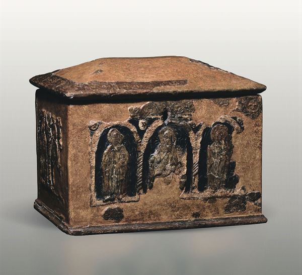 A decorated reliquary box with saints in niches, Friuli, 12th-13th century