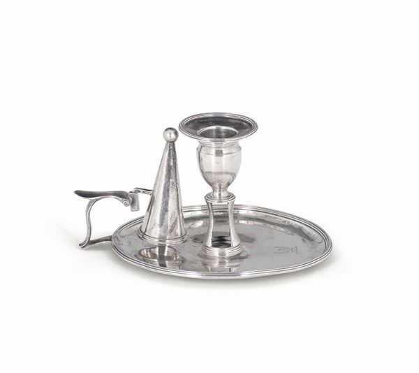A silver candleholder with snuffer, London, 1790, goldsmith J. Schofield