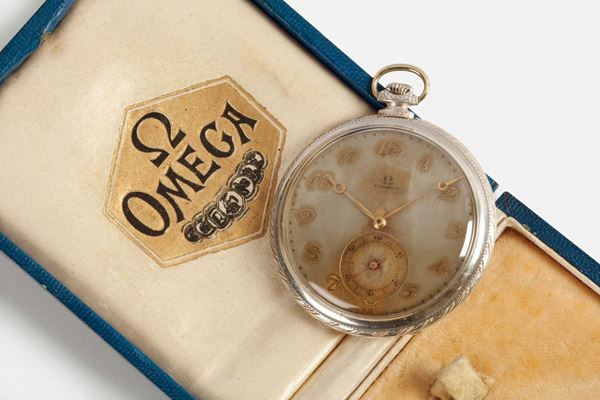 OMEGA, orologio da tasca, in argento. Accompagnato dalla scatola originale. Realizzato nel 1940 circa