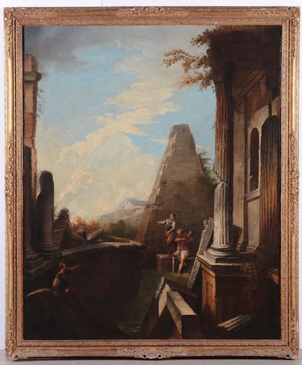 Giovanni Paolo Pannini (Piacenza 1692 - Roma 1765), cerchia di Paesaggio con rovine