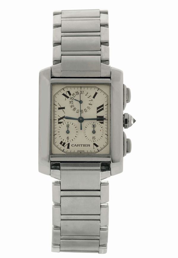 CARTIER,TANK CHRONOREFLEX STEEL QUARTZ, Ref. 2303. Made in the 1990’s. Fine, rectangular curved, water-resistant, stainless steel quartz wristwatch with square button chronograph, registers, date and a stainless steel Cartier link bracelet with concealed double deployant clasp.