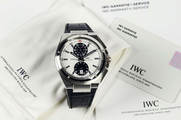 IWC, International Watch Co., Schaffhausen, BIG INGENIEUR, CHRONOGRAPH, PLATINUM, REF. 378403, case No.3390684, No. 017/250. Made in a limited edition of 250 examples. Made circa 2000's. Very fine, large, tonneau-shaped, self-winding, water-resistant, platinum wristwatch with square button chronograph, registers, tachymeter, date and a platinum IWC buckle. Accompanied by an IWC original fitted box, operating instructions, international warranty card and hang tag.
