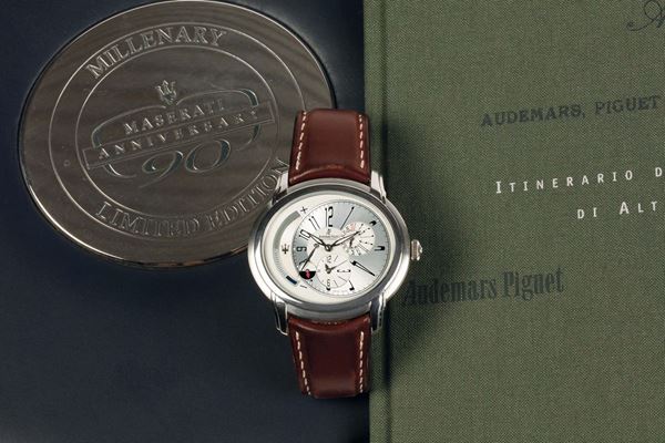 AUDEMARS PIGUET, Millenary -Maserati Anniversary, No. 876/900, case No. F 43935, Ref. 26150 ST. Made in a limited edition of 900 pieces in 2004 to commemorate the 90th anniversary of Maserati. Very fine, horizontal oval, self-winding, two time zone, stainless steel wristwatch with date, power reserve indication and a stainless steel Audemars Piguet deployant clasp. Accompanied by the original fitted box, Certificate of Origin, guarantee and instruction booklet.