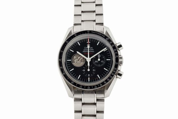 OMEGA, SPEEDMASTER APOLLO 11 40TH ANNIVERSARY 02:56 GMT, No. 5583/7969, case No. 77736518. Made in a limited edition of 7969 pieces in 2009 to commemorate the 40th Anniversary of Apollo 11. Fine, asymmetric, water-resistant, stainless steel wristwatch with round button chronograph, registers, black bezel with tachometer, Apollo XI medallion on the subsidiary seconds dial at 9 and a stainless steel Omega bracelet with deployant clasp signed Speedmaster Professional.