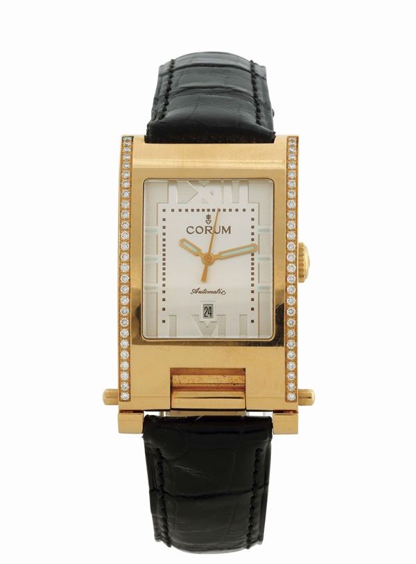 CORUM, FOLD-OUT, orologio da polso, in oro rosa 18K, al quarzo con diamanti e fibbia in oro originale. Realizzato nel 2000 circa. Accompagnato dal Certificato